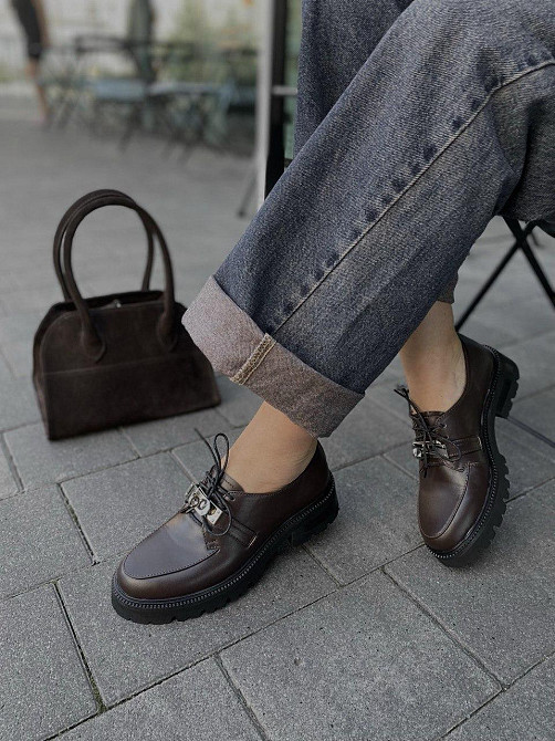 Nikos Туфлі жіночі на низькому ходу класичні з натуральної шкіри на шнурках 2129 шоколадні весн Коломия - фото 9