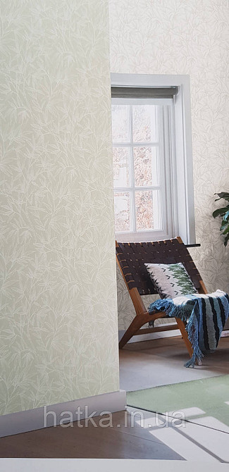 Шпалери вінілові на флізеліні метрові Rasch Novella 1,06х10 листя гілки матові білі на зеленому Київ - фото 1