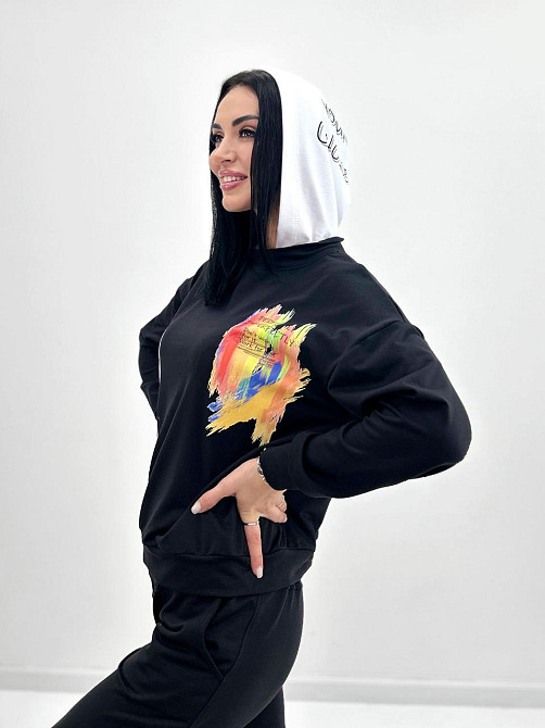 Жіночий костюм-двійка з капюшоном "Rainbow"| Норма | Розпродаж моделі Чорний, 42-44 Київ - фото 4