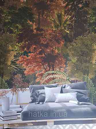 Шпалери вінілові Grandeco One roll one motif 1.59x2.8 панно-лесонню дерева зелені теракотові жовтогарячі Київ