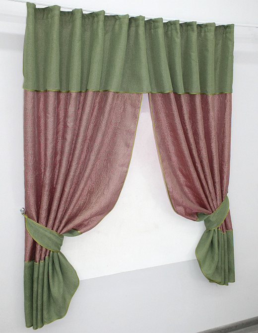 Кухонные шторы VR-Textil № 073к с ламбрекеном и подхватами розово-золотистый с оливковым 270х170 см (52-0382) Киев - изображение 2