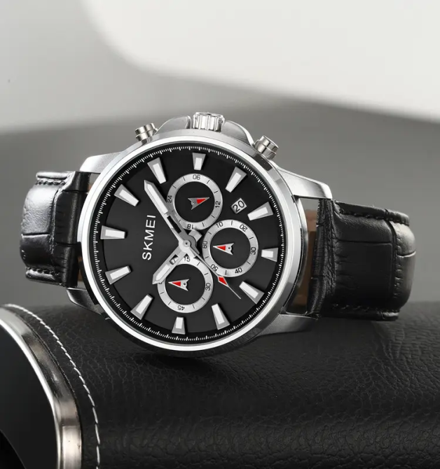 Чоловічий наручний годинник Skmei 2071 з ремінцем з еко-шкіри (Чорний з сріблястим) Київ - фото 3