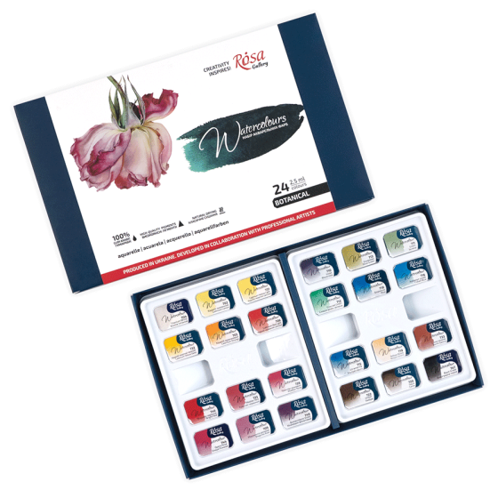 Набір акварельних фарб BOTANICAL картонний пенал 24кол. х 2,5мл кювета ROSA Gallery Київ