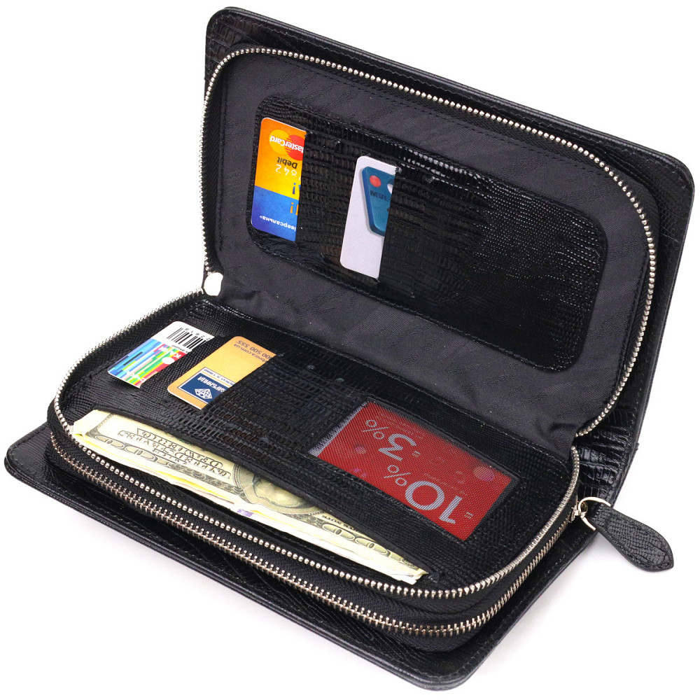 Необычная мужская барсетка на два отделения из натуральной фактурной кожи с тиснением под рептилию CANPELLINI 21571 Черная Киев - изображение 7