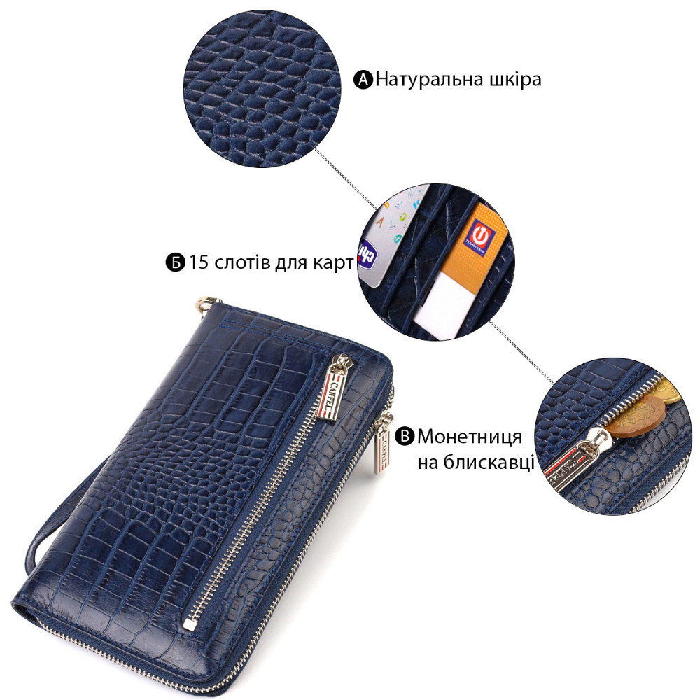 Зручний клатч для жінок із натуральної шкіри із тисненням під крокодила Синій (CANPELLINI) Київ - фото 8