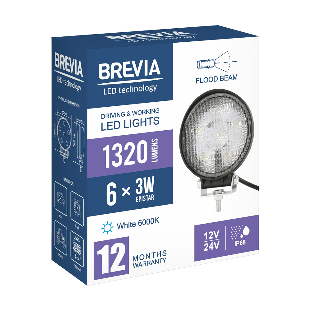 Фара светодиодная Brevia Epistar Flood 10-30V, 18W (6x3W), 1320Lm, 1шт (10621RFX1) Львов - изображение 7