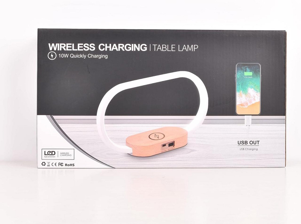 Настільна лампа Wanjiaone з годинником, LED, димером, 10W бездротова зарядка, USB, біло-дерев’яна Київ - фото 5