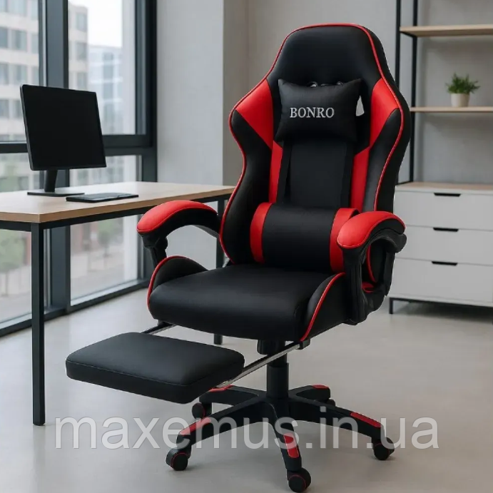 Кресло геймерское Bonro B945 Красное с подставкой для ног компьютерное игровое экокожа (до 120 кг) Мостиска - изображение 1