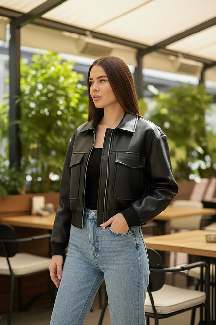 Жіноча куртка бомбер з еко-шкіри Чорний L Харків - фото 7