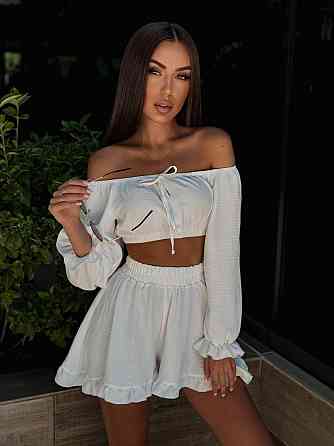 Женский легкий романтичный костюм двойка: топ и шорты американский креп жатка Одесса