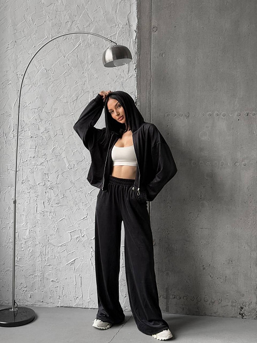 Женский прогулочный костюм двойка: кофта и штаны турецкий велюр Черный, 42/44 Одесса - изображение 2