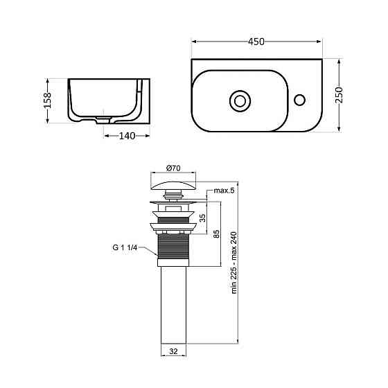 Комплект Qtap Tern: Раковина подвесная прямоугольная правая 450х250х158 мм White + Донный клапан PU02O Киев