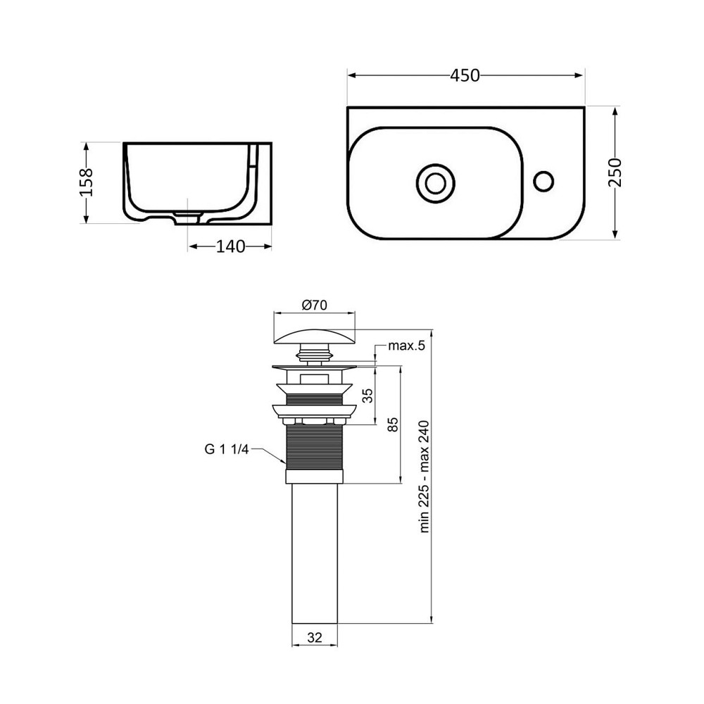 Комплект Qtap Tern: Раковина подвесная прямоугольная правая 450х250х158 мм White + Донный клапан PU02O Киев - изображение 2