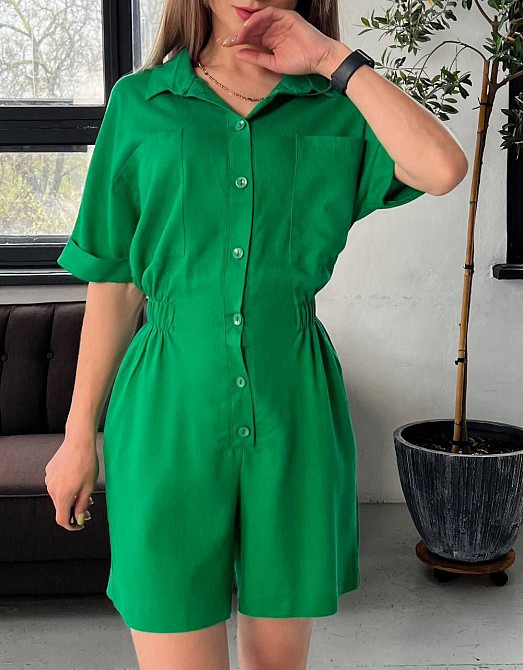 Легкий женский базовый комбинезон лен. Зелёный, 48 Одесса - изображение 1