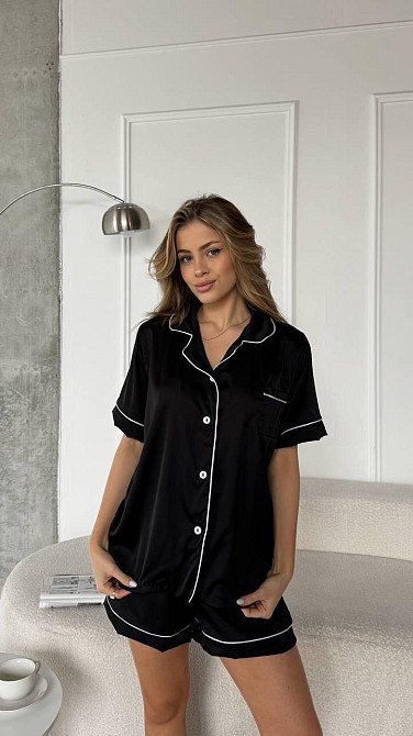 Женская базовая роскошная пижама двойка шелк Армани Черный, 46/48 Одесса - изображение 7