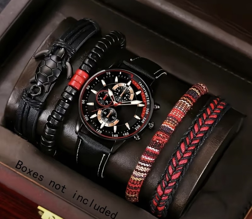 Подарунковий набір для чоловіків Черепаха наручний годинник з 4 браслетами червоний Київ - фото 1