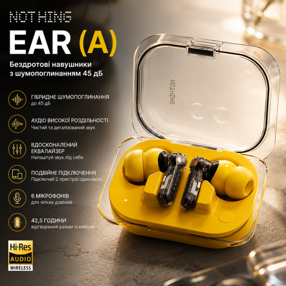 Бездротові навушники Nothing Ear (a) Yellow Hi-Res активне шумозаглушення 45 дБ Bluetooth 5.3 жовті Київ