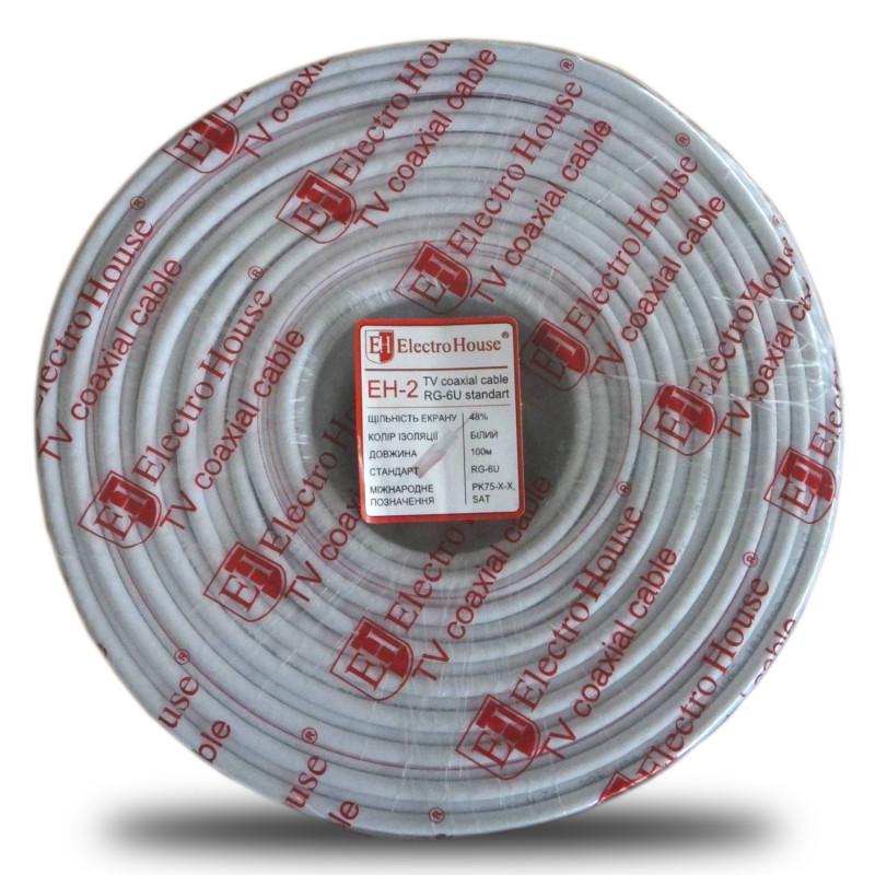 Кабель коаксиальный RG-6U 48% обмеденная сталь 1.02 ПВХ, белый, 100 м Днепр - изображение 1