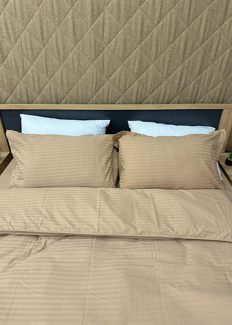 Комплект постельного белья Страйп-сатин Евро 200х230 с простыней на резинке Бежевый (88-162) Киев - изображение 5