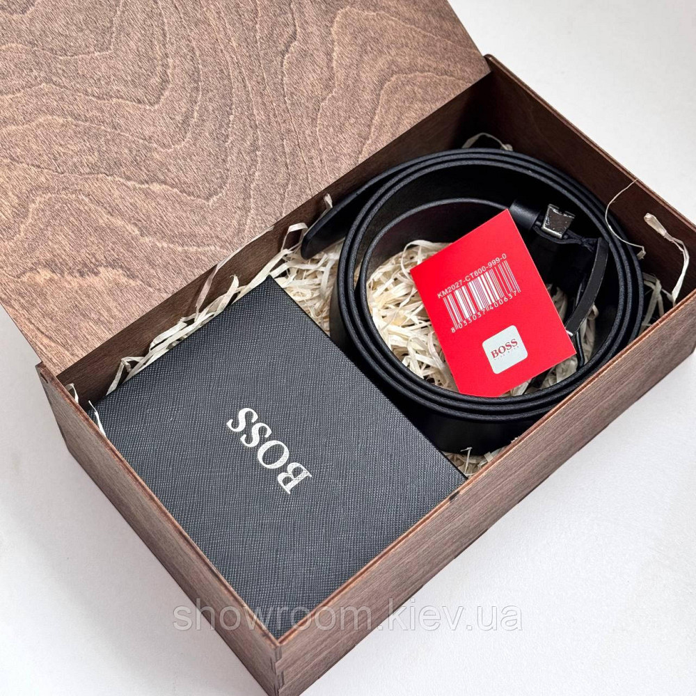 Чоловічий подарунковий набір ремінь і портмоне в дерев'яний ящик Boss (202) Київ - фото 8
