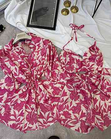 Жіночий легкий принтований костюм-трійка: сорочка топ і шорти із шовку Рожевий Одеса