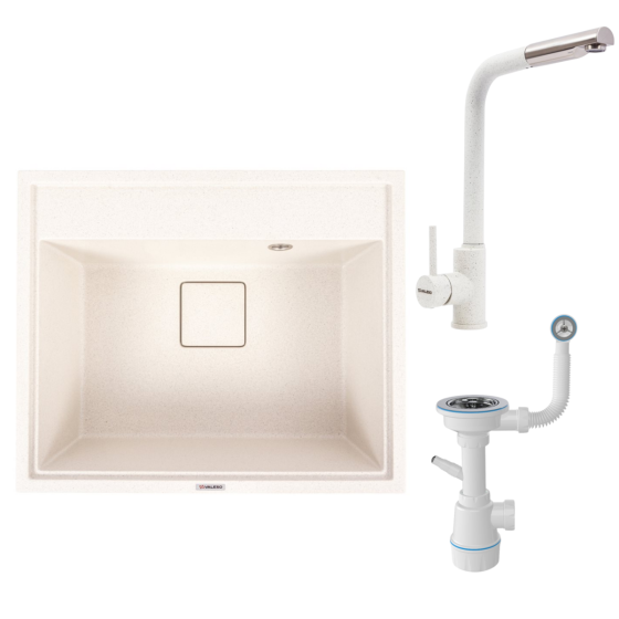 VALESO Комплект: Мийка гранітна 6050 SHERLIT VALESO + Змішувач Q411B + Сифон (Білий в крапку) Київ