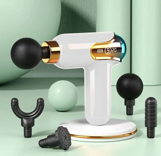 Перкусійний масажер для тіла ручний ударний масажний пістолет міні з LCD дисплеєм 9 передач 4 насадки Білий УЦІНКА Київ