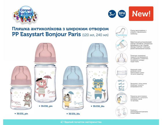Бутылочка антиколиковая Canpol babies EasyStart 120 мл PP с широким горлом Bonjour Paris, синяя Кривой Рог