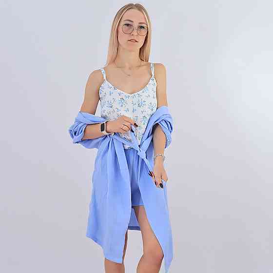 Бавовняна блакитна жіноча піжама три в одному майка з квіточками+штани+халат Кам'янець-Подільський