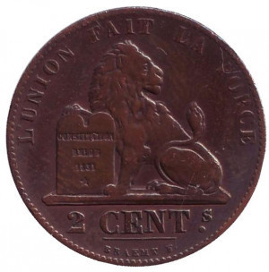 Монета 2 сантима. 1865 рік, Бельгія. Полтава - фото 1