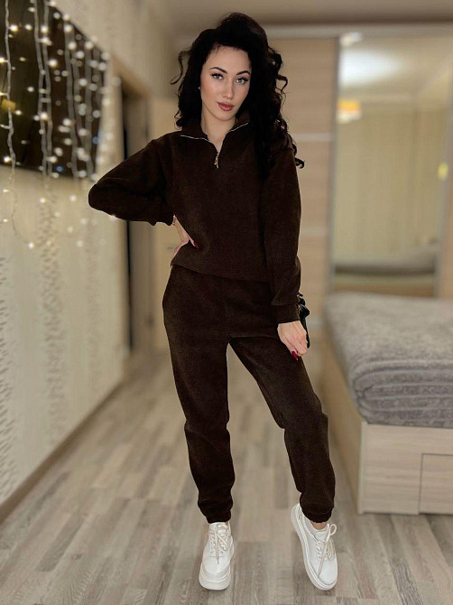 Жіночий теплий костюм-двійка: кофта та штани вельвет на щільному флісі Шоколадний, 46/48 Одеса - фото 1