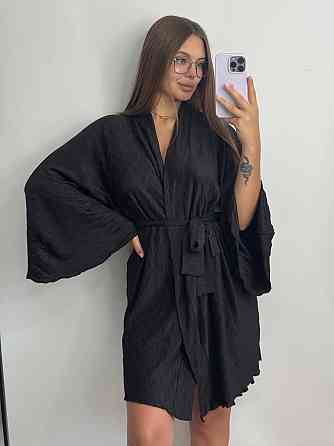 Жіночий халат зі стрейч-плісе з поясом Чорний Харків