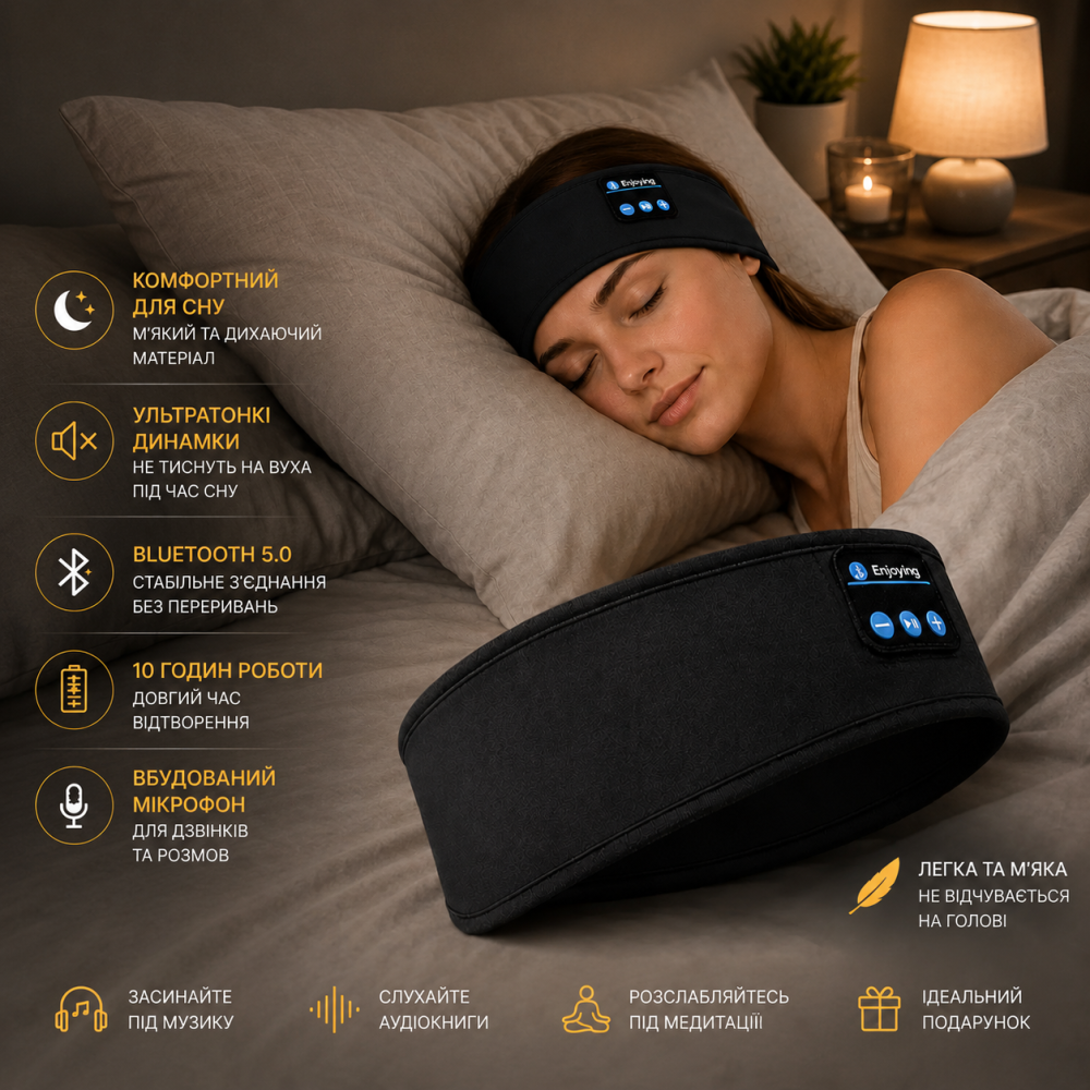 Беспроводные Bluetooth наушники-повязка для сна и спорта с микрофоном SleepBand BT 5.0, 10 часов работы, Черная Киев - изображение 11