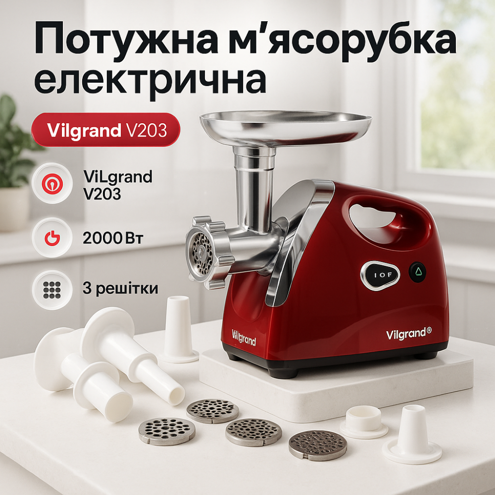 Кухонная качественная электромясорубка для дома ViLgrand V203-BRMG 2000Вт, Бытовая мясорубка для фарша UY-97 Львов - изображение 12