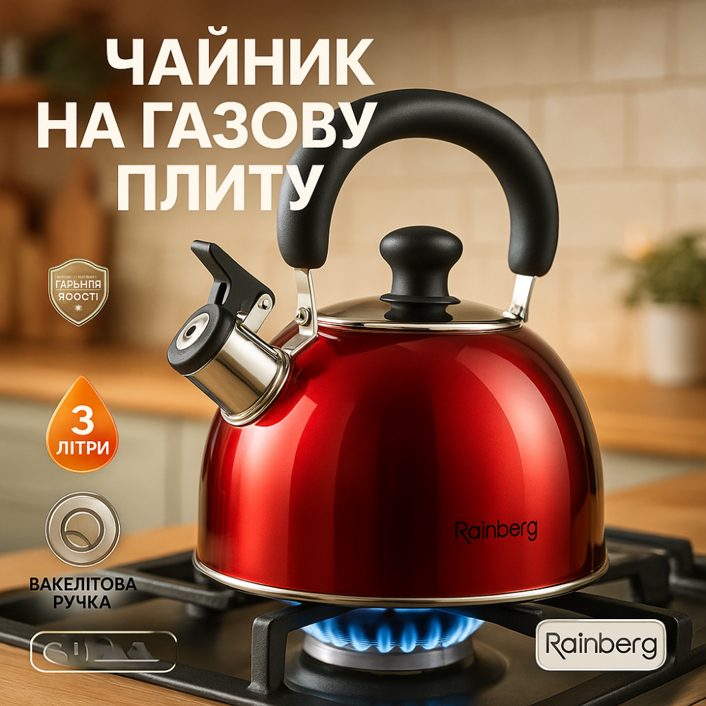 Прочный чайник со свистком для кухни Rainberg RB-625 3 л, Элегантный чайник из нержавейки EI-63 Львов - изображение 12