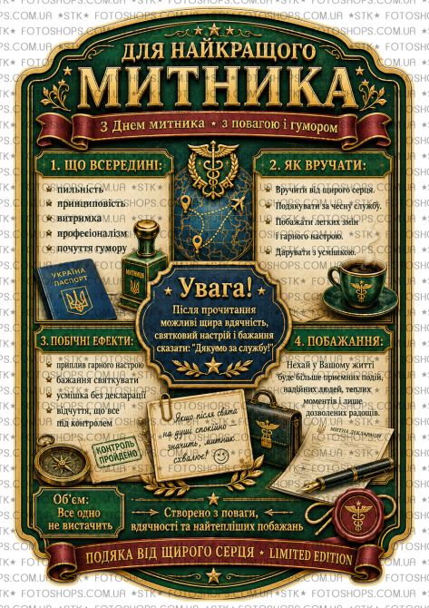 Етикетка на пляшку “Найкращому митнику” + контретикетка | подарункова наліпка на вино, віскі | З Днем митника Одеса - фото 2