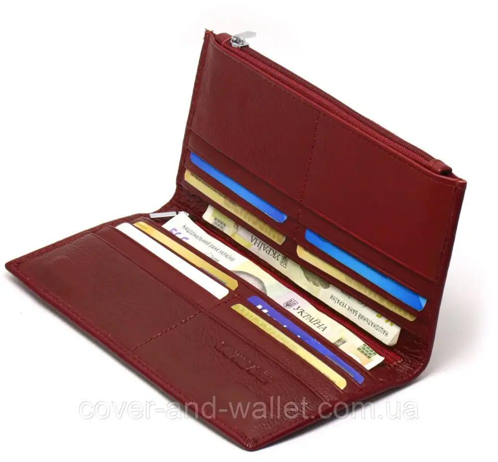 Тонкий жіночий шкіряний гаманець на магнітах та блискавці ST 006 date red Київ - фото 7