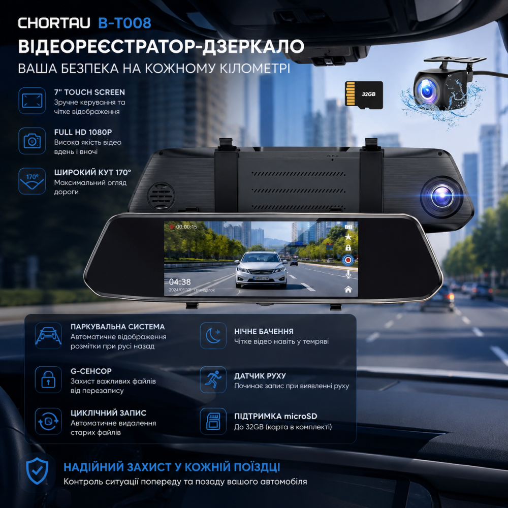 Відеореєстратор-дзеркало CHORTAU B-T008: 7" Touch Screen, Full HD 1080P, кут 170°, Паркувальна система та G-сенсор Київ - фото 10
