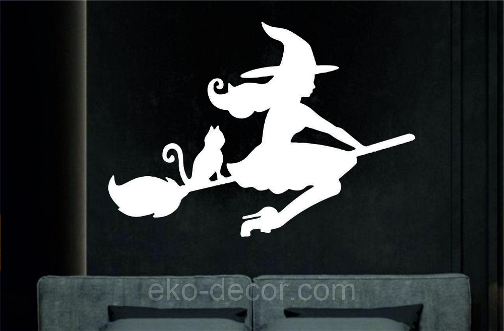 Декоративное настенное Панно «Ведьма на метле с котом», Декор на стену 90*63 см, Белый Киев - изображение 8