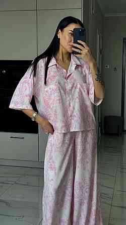 Жіночий легкий принтований костюм трійка: хустинка, сорочка і штани софт Одеса