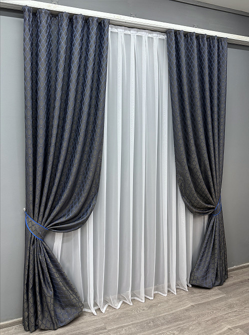 Комплект готових штор VR-Textil Жакард RUBI № 1756ш Графітовий з синім 100х300 см 2 шт (31-814) Київ - фото 3