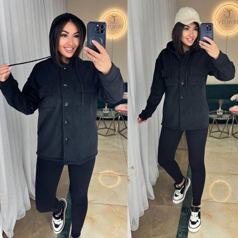 Жіноча тепла сорочка на ґудзиках із капюшоном і двома накладними кишенями турецький щільний фліс Чорний, 46/48 Одеса - фото 1