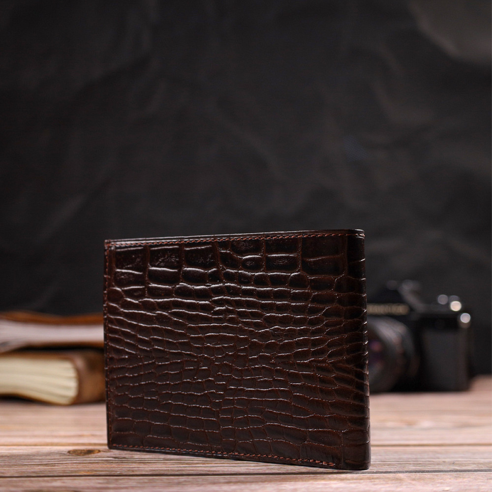 Чоловічий гаманець без застібки з натуральної шкіри з тисненням під крокодила CANPELLINI 21763 Коричневий Київ - фото 2