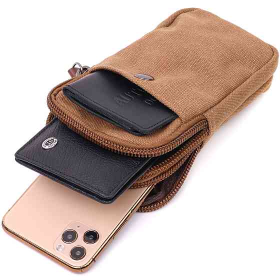 Добротная сумка-чехол на пояс с металлическим карабином из текстиля Vintage 22225 Коричневый Киев