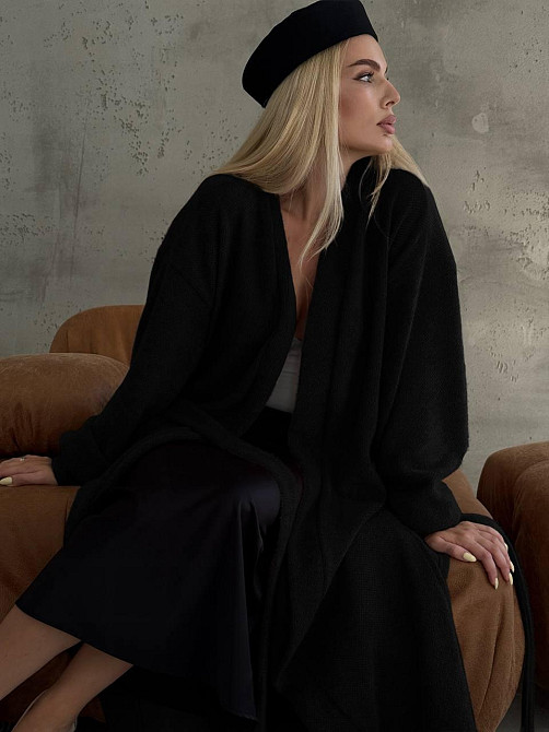 Жіночий затишний оверсайз кардиган із поясом альпака Чорний Одеса - фото 4