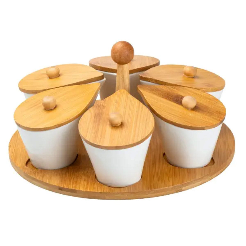 Набір порцелянових баночок для сипучих продуктів 6 штук по 100 мл на бамбуковій підставці HP258 Коломия - фото 2