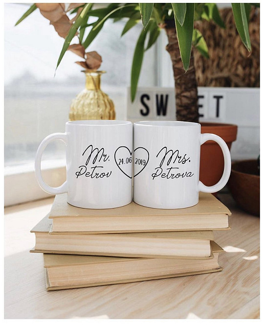 Парні керамічні чашки з принтом Mr \ Mrs з прізвищем та датою річниці Черновцы - изображение 1
