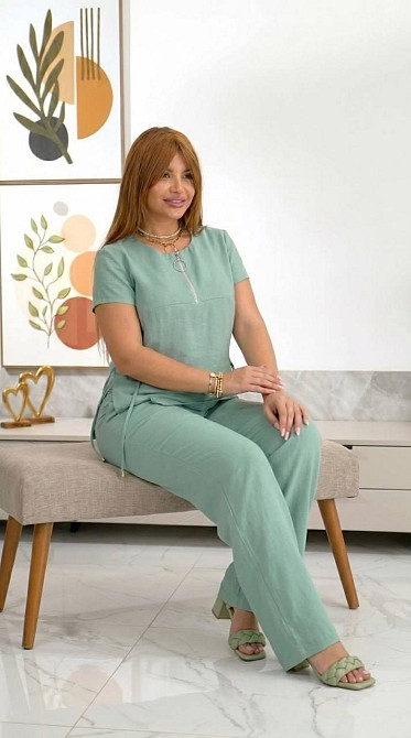 Женский стильный повседневный летний костюм лен бохо Оливковый, 54 Одесса - изображение 2