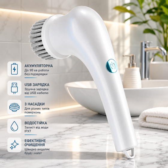 Уцінка Електрична щітка для прибирання Magic Brush, бездротова, акумуляторна/USB, 3 насадки, для ванної та кухні Київ