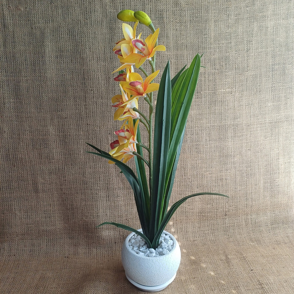 Штучна латексна орхідея цимбідіум у рожевому керамічному кашпо біла з рожевим Дніпро - фото 4